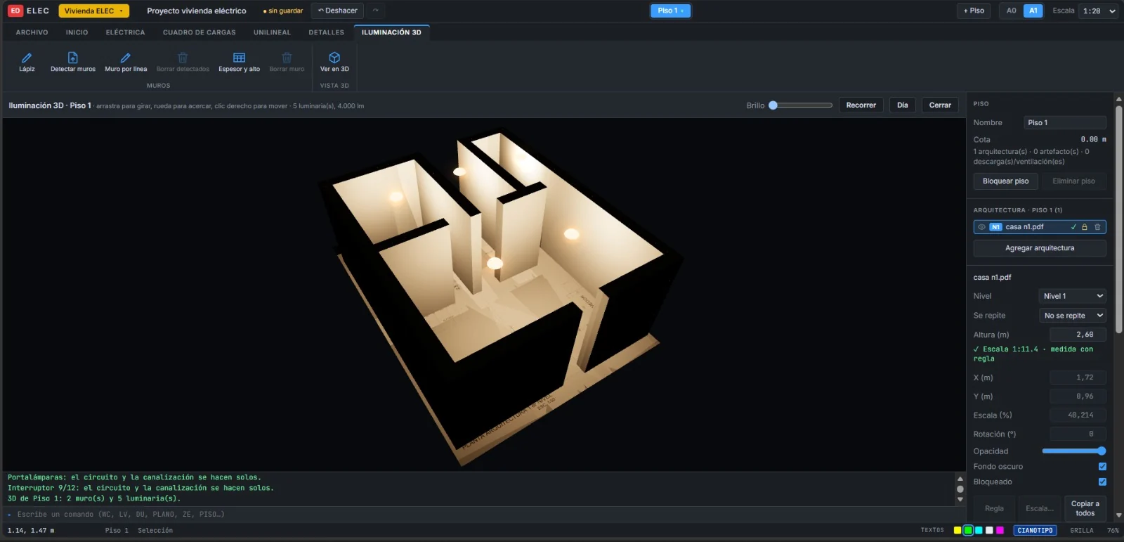 La casa en 3D con sus recintos iluminados vista desde arriba