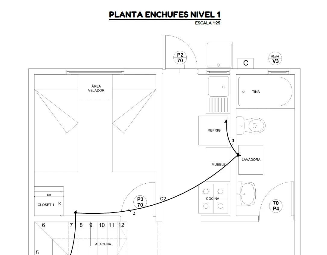 Planta de enchufes con sus circuitos curvos y la cantidad de conductores