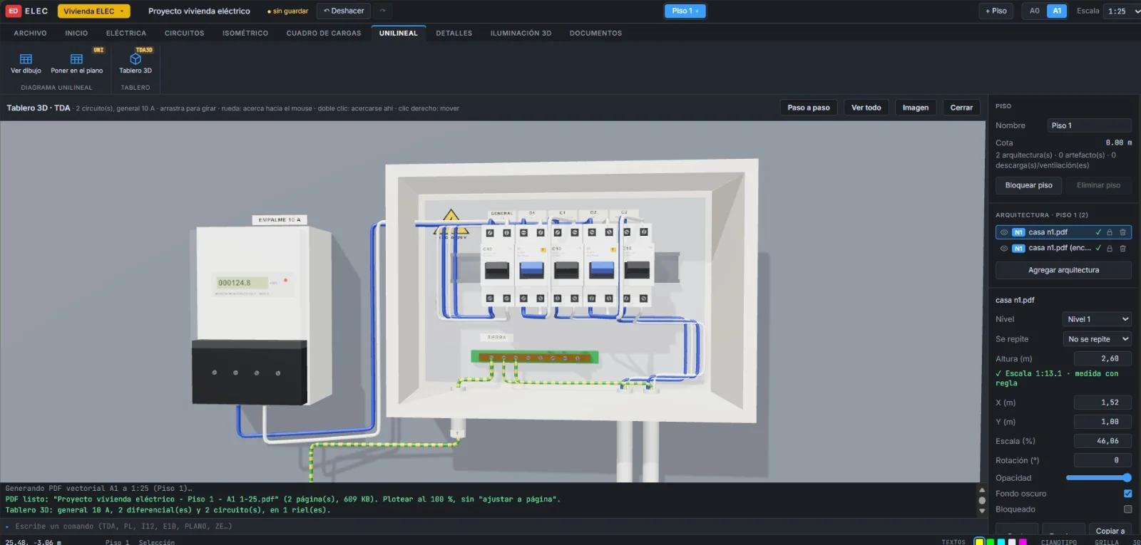 Tablero de distribución en 3D con el medidor, el general, los diferenciales, los automáticos y los cables